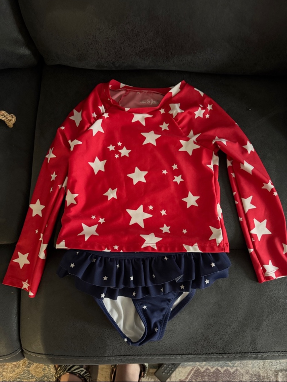 Cat & Jack Red Star Long-Sleeve Rashguard with Navy Ruffle Bottom
